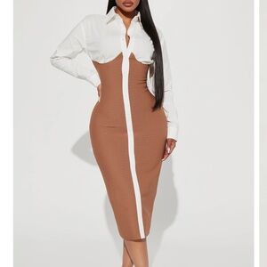 Fashion Nova White and Brown Long Sleeve Dress
